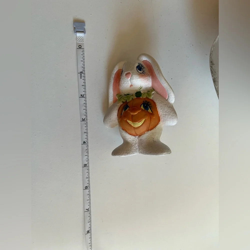 Vintage Easter Halloween Rabbit Bunny Figurines w/pumpkin stomach ceramic decor